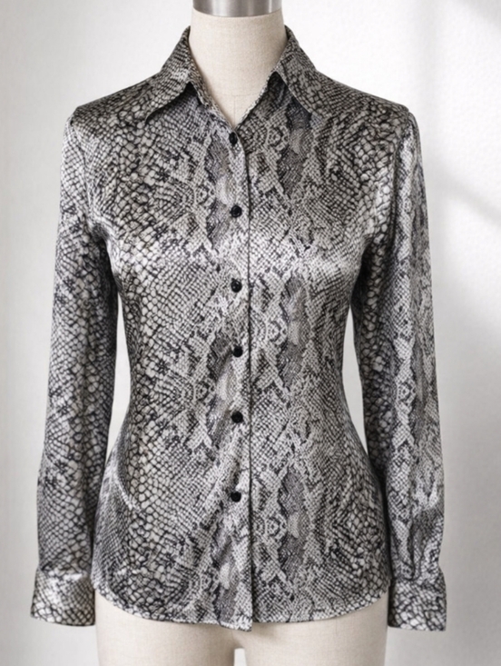 Vintage Tops - Vintage Notations Silky Snake Print Button Down Blouse Grey White Petite Small
